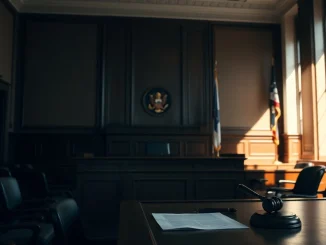 Empty courtroom with judge's bench and legal table, symbolizing sentencing of former Celsius executive