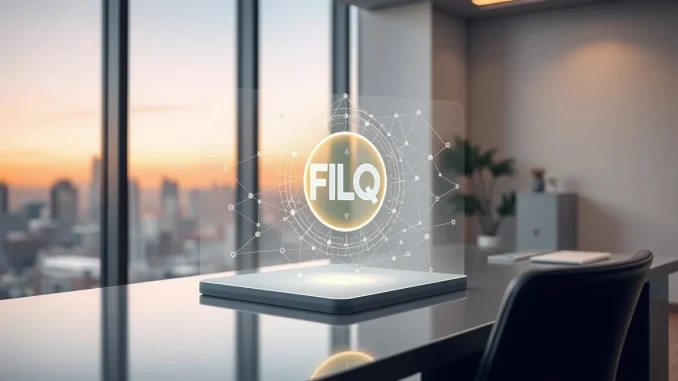 Digital hologram of a tokenized fund symbol on a modern office desk with a city skyline background