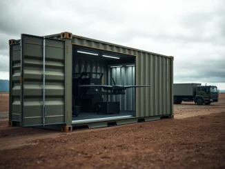 Shipping container drone factory with 3D printer and drone components visible inside at a remote military site