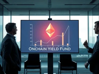 Two professionals in a glass conference room reviewing a digital display showing an Ethereum logo and a fund performance chart.