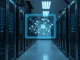A holographic display of a blockchain network in a modern data center, representing Gency AI's sovereign advertising network.