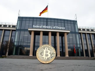 German Finance Ministry building in Berlin with a Bitcoin coin in the foreground symbolizing potential tax changes.