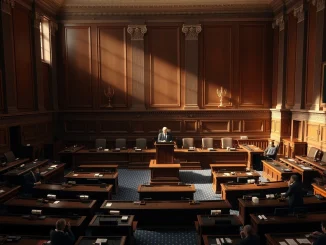 US Senate chamber interior during a legislative session with a senator at the podium