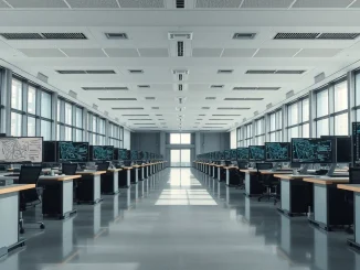 Empty corporate office with desks and monitors showing AI code and diagrams, representing GM's IT restructuring