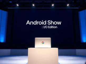Google Android Show event stage with Googlebooks laptop and digital screen