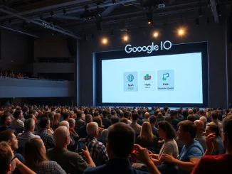 Audience at Google I/O 2026 keynote watching AI agent demos on stage screen