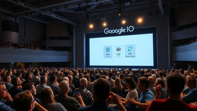 Audience at Google I/O 2026 keynote watching AI agent demos on stage screen