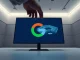 Google and Pentagon logos on a digital screen in a modern office, representing AI defense contract