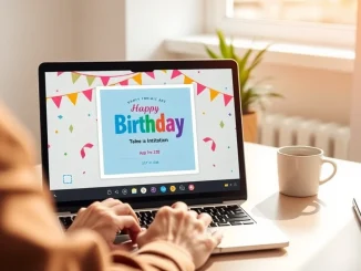 Person designing a birthday invitation using Google Pics AI app on a laptop in a modern office