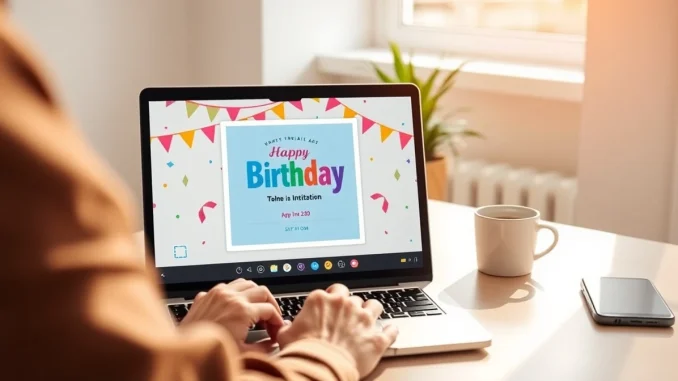 Person designing a birthday invitation using Google Pics AI app on a laptop in a modern office