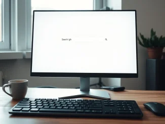 A clean, minimalist search engine homepage displayed on a monitor, symbolizing alternatives to Google's AI-driven search.