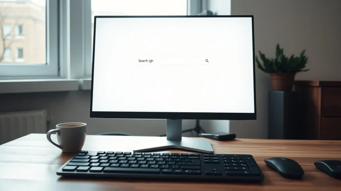 A clean, minimalist search engine homepage displayed on a monitor, symbolizing alternatives to Google's AI-driven search.