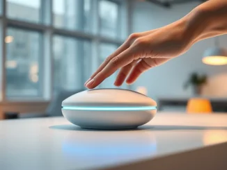 Futuristic AI hardware prototype on a desk with a human hand interacting, representing Hark's secretive AI assistant device.
