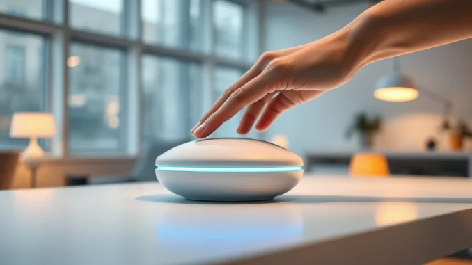 Futuristic AI hardware prototype on a desk with a human hand interacting, representing Hark's secretive AI assistant device.