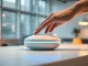 Futuristic AI hardware prototype on a desk with a human hand interacting, representing Hark's secretive AI assistant device.
