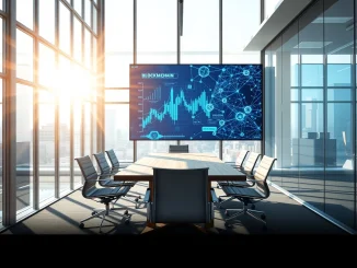 Interior of a modern venture capital office with a digital screen displaying financial and network graphs.