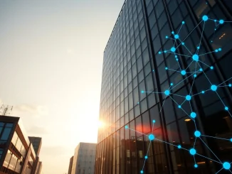 Modern office building exterior with digital network overlay symbolizing Hedera's enterprise blockchain technology