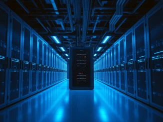 Interior of a modern data center with rows of servers and cooling systems, representing Bitcoin mining and AI infrastructure.