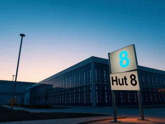 Hut 8 data center facility at dusk with sign in foreground