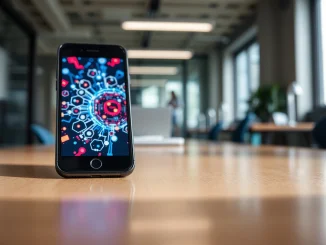 Smartphone displaying an AI-generated image on screen in a professional office setting
