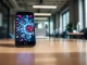 Smartphone displaying an AI-generated image on screen in a professional office setting
