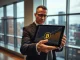 Fund manager reviewing Bitcoin price chart on a tablet in a modern office.