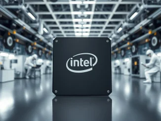Intel wafer in a semiconductor cleanroom with engineers in background
