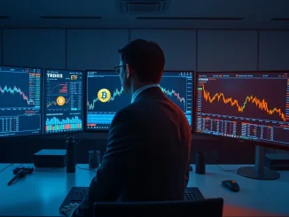 Professional trading desk with monitors showing Bitcoin and Ethereum ETF data and charts