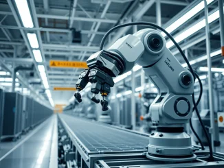 Industrial robot performing assembly work in a Japanese factory, representing the physical AI sector.