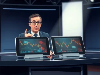 John Oliver discussing prediction markets on Last Week Tonight with financial data screens.