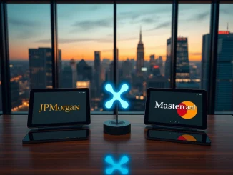 JPMorgan and Mastercard tablets with glowing XRP symbol on desk in modern banking office