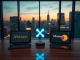 JPMorgan and Mastercard tablets with glowing XRP symbol on desk in modern banking office