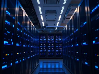 Interior of a modern data center with GPU servers and blue lighting, representing AI infrastructure investment.