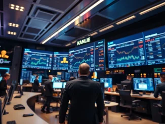 Kalshi trading platform screens in a modern financial office with analysts in background
