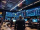 Kalshi trading platform screens in a modern financial office with analysts in background