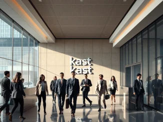 Modern corporate office lobby with professionals, representing Kast's expansion into regulated financial services.