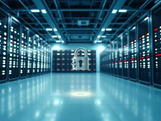 Modern server room with illuminated data racks symbolizing blockchain infrastructure and oracle security after a DeFi exploit.