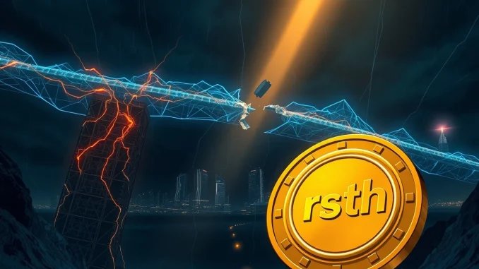 Kelp DAO rsETH token falling into a dark void after a bridge exploit, representing the migration to Chainlink CCIP.