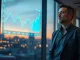 Ian Crosby, founder of AI bookkeeping startup Synthetic, standing in a modern office with a holographic financial chart