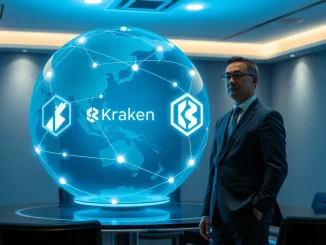 Kraken parent Payward and Reap merger visualization in Hong Kong boardroom with blockchain hologram