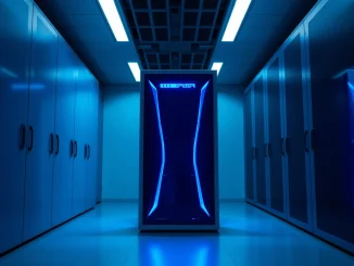 A glowing blue server rack in a minimalist data center, representing Linea's ZK rollup technology.