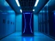 A glowing blue server rack in a minimalist data center, representing Linea's ZK rollup technology.