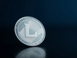 Silver Litecoin coin on dark reflective surface with soft lighting