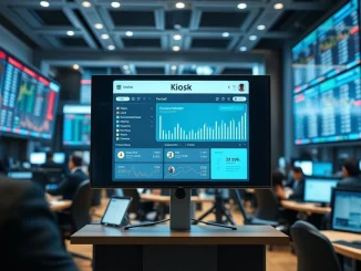 Institutional trading floor with Kiosk digital asset collateral portal on screen