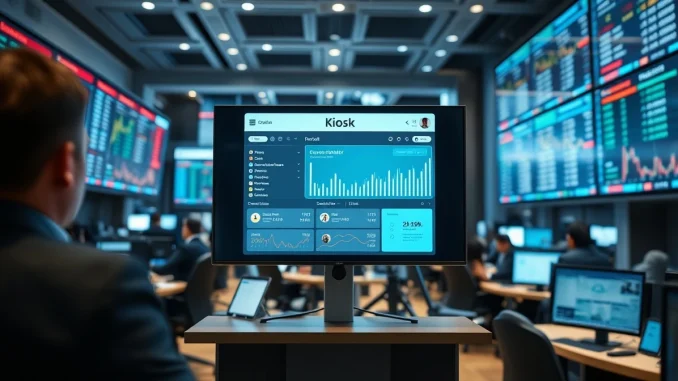 Institutional trading floor with Kiosk digital asset collateral portal on screen