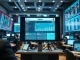 Institutional trading floor with Kiosk digital asset collateral portal on screen