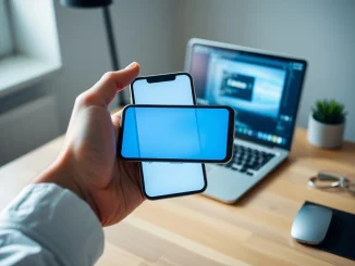 Person using Lovable's mobile app on a smartphone in a modern workspace