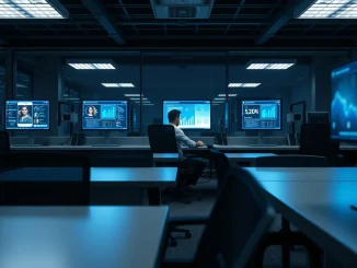 Empty office desks with monitors showing dating app interfaces and AI charts, representing Match Group's hiring slowdown and AI investment.