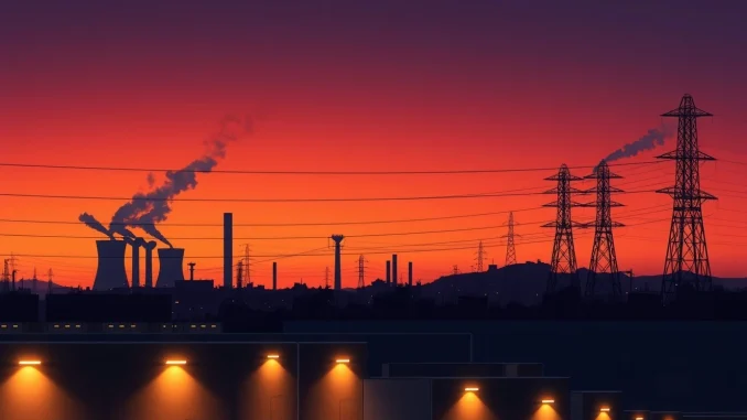 Meta's AI data center and natural gas power plants at dusk, illustrating the scale of energy demand.