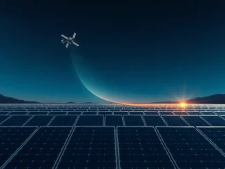 Solar farm illuminated by infrared beam from satellite in space, representing Meta's deal for space-based solar power.